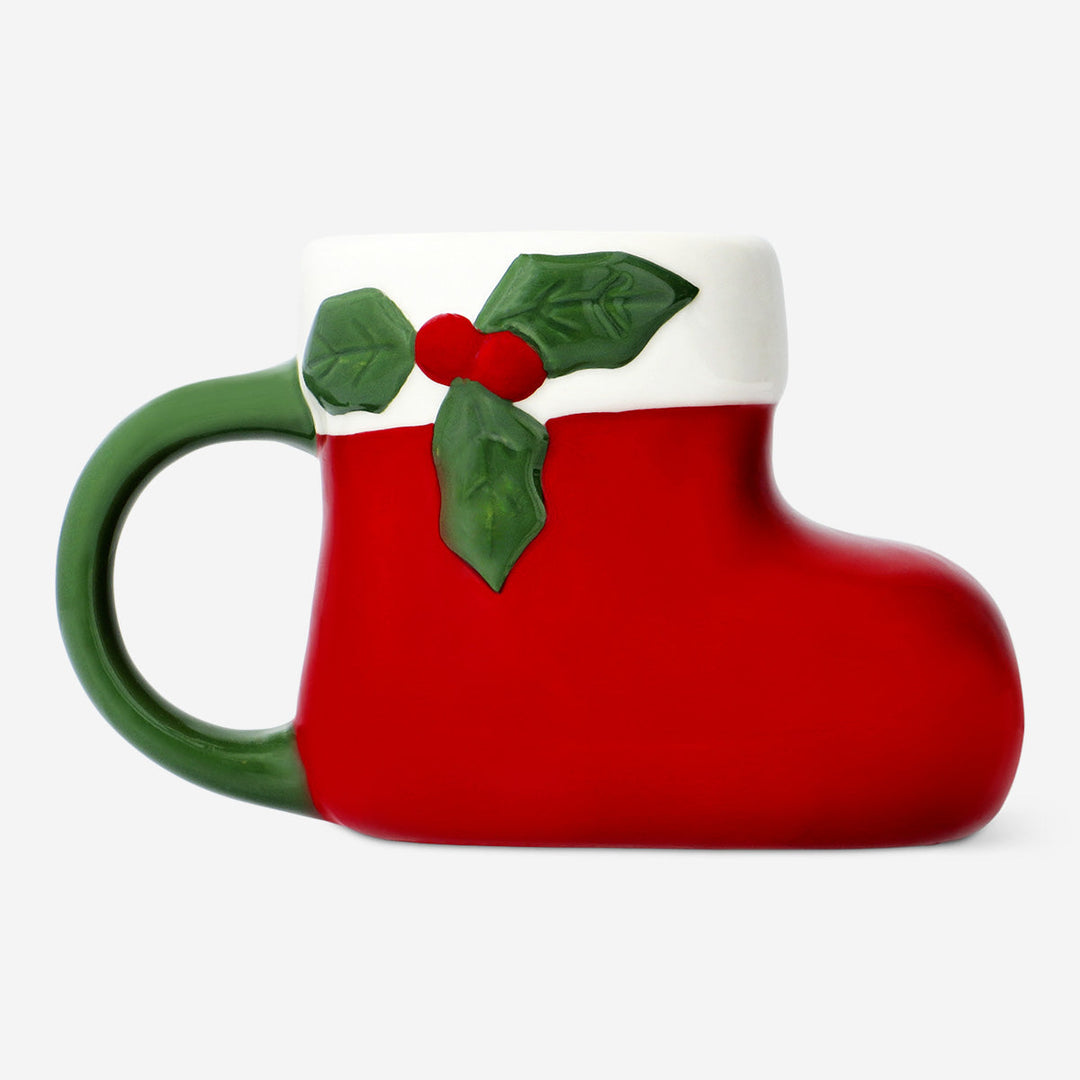 MUG W HANDLE XMAS STOCKING SHAPE RED