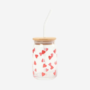 DRINKING GLASS JAR W GLASS STRAW BAMBOO LID SM HEARTS 400ML