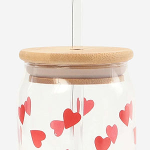 DRINKING GLASS JAR W GLASS STRAW BAMBOO LID SM HEARTS 400ML