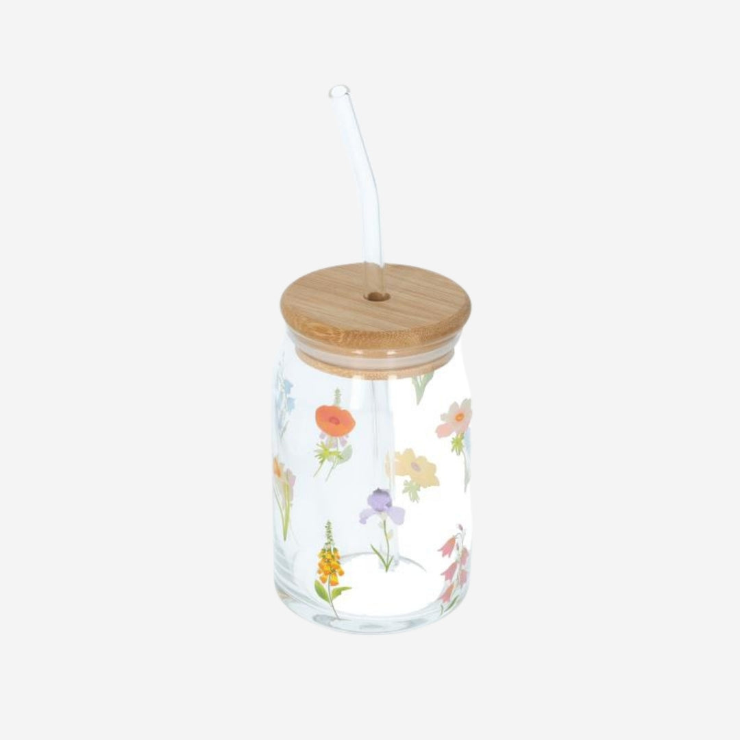 DRINKING GLASS JAR W GLASS STRAW BAMBOO LID FLOWER PRINT