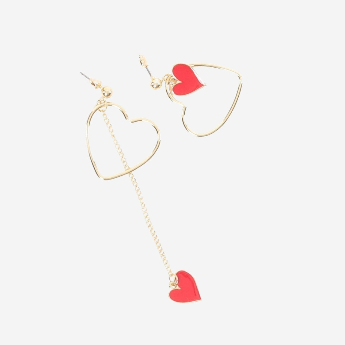 EARRINGS GOLD ASYMETRIC HEART HOOPS W SMALL RED HEARTS SET