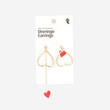 EARRINGS GOLD ASYMETRIC HEART HOOPS W SMALL RED HEARTS SET